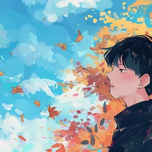 Papier Peint Anime Garçon Contemplant Ciel Automnal avec Feuilles Volantes