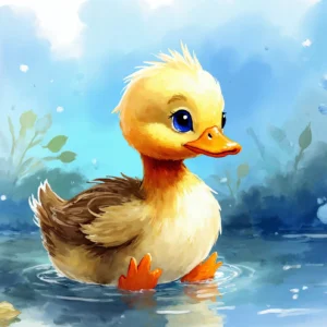 Papier peint aquarelle caneton mignon dans son étang fleuri