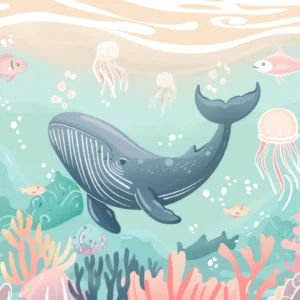Papier Peint Monde Sous-Marin Pastel avec Baleine et Coraux
