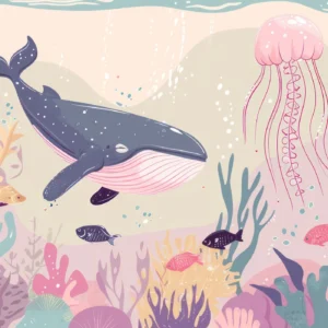 Papier Peint Océan Magique Baleine Rose et Méduse Aquarelle