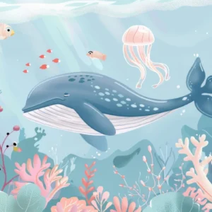 Papier peint baleine océan corail poissons ambiance aquatique douce