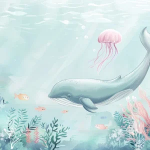 Papier peint aquatique baleine et coraux univers marin pastel
