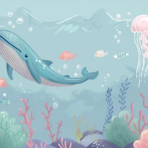 Papier peint océan fantastique avec baleine et méduses colorées