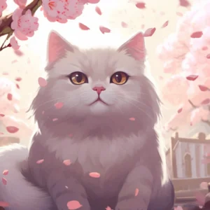 Chat adorable sous cerisiers en fleurs roses délicats