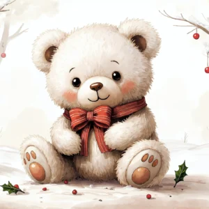Papier peint ourson adorable dans forêt hivernale avec décorations festives