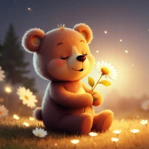 Ourson mignon avec fleur dans paysage féerique au coucher de soleil