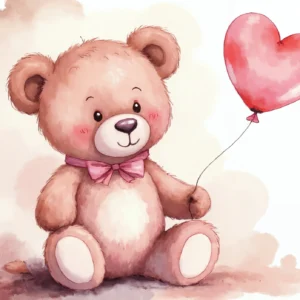 Papier peint aquarelle ourson mignon avec ballon cœur rose
