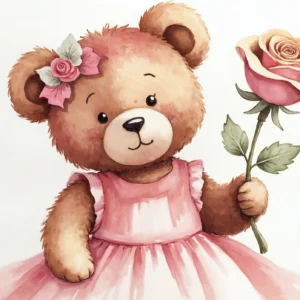 Papier peint enfant ourson rose romantique avec roses délicates