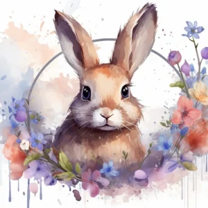 Lapin aquarelle romantique entouré de fleurs délicates multicolores