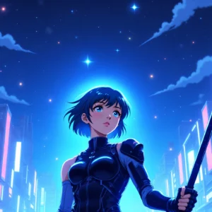 Papier Peint Anime Cyberpunk Ville Futuriste Nuit Étoilée Néon