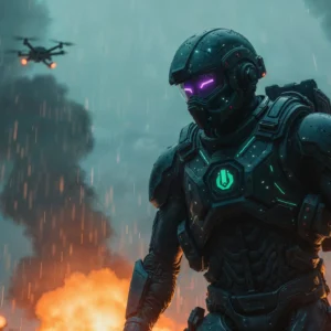 Papier Peint Futuriste Soldat Cyberpunk Pluie Nocturne Atmosphérique