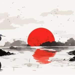 Papier peint paysage japonais zen avec héron et bambous