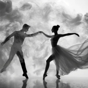 Danse Élégante en Noir et Blanc sur Fond Nuageux