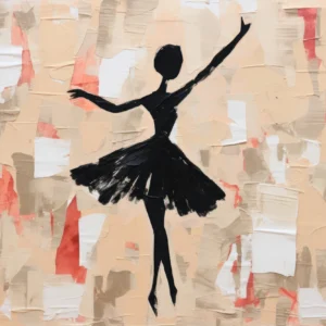 Papier peint danseuse silhouette noire sur fond abstrait beige corail