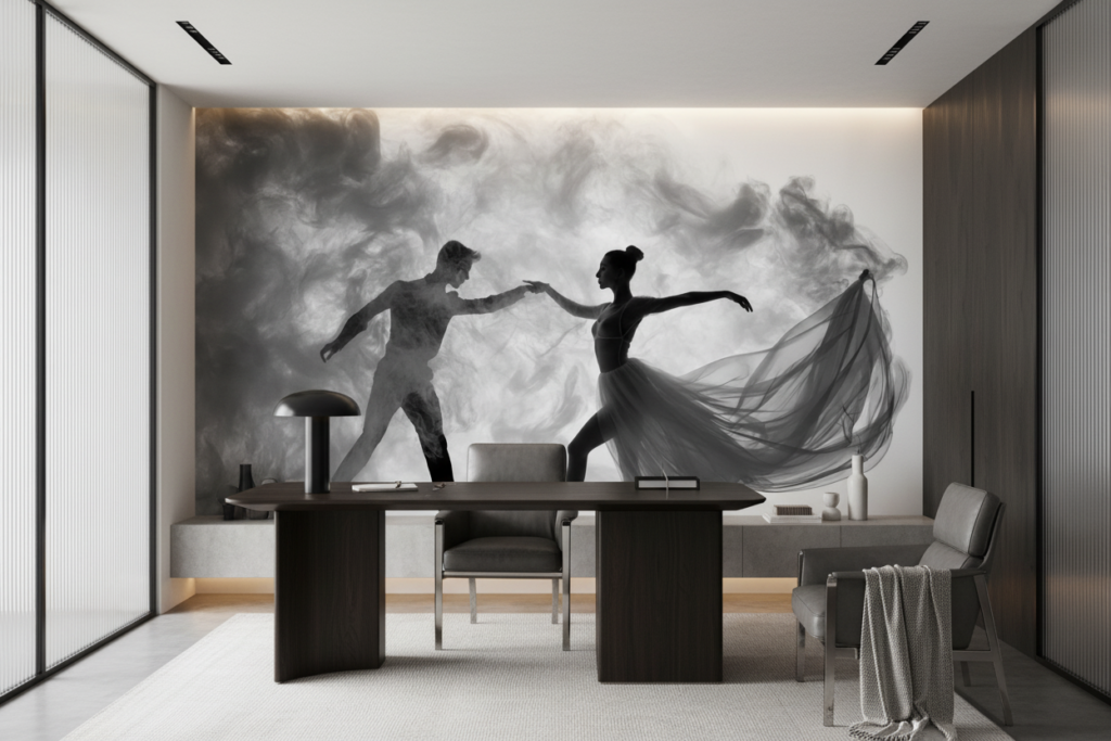 Danse Élégante en Noir et Blanc sur Fond Nuageux - Bureau