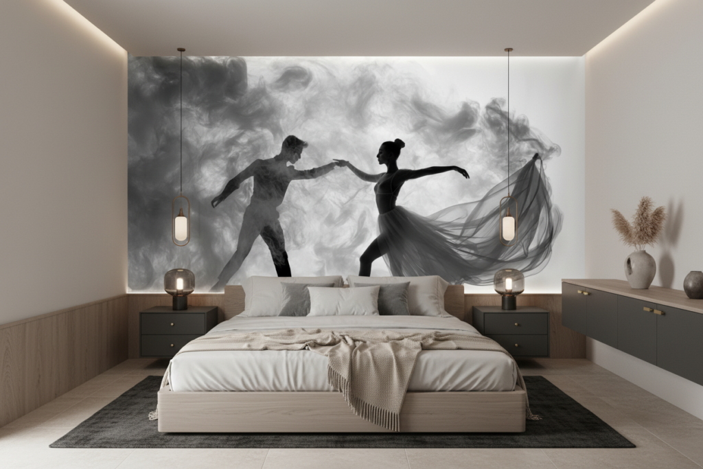 Danse Élégante en Noir et Blanc sur Fond Nuageux - Chambre adulte