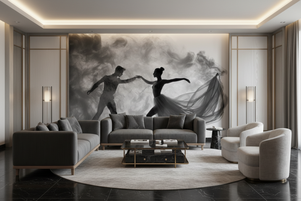 Danse Élégante en Noir et Blanc sur Fond Nuageux - Salon / Séjour
