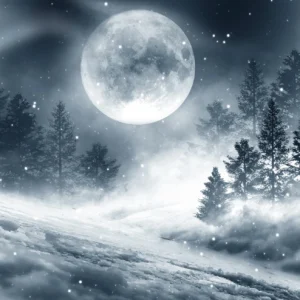 Paysage hivernal nocturne avec lune brillante et sapins enneigés