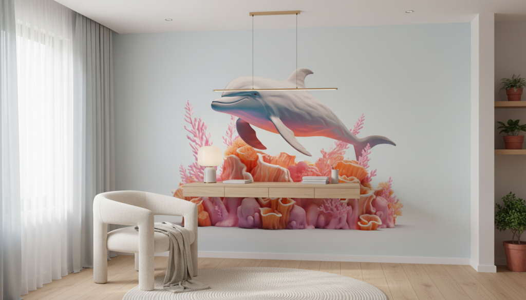 Dauphin et Coraux Tropicaux dans un Jardin Sous-Marin Coloré - Bureau