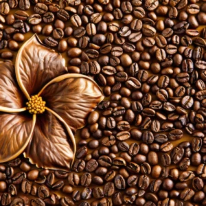 Papier peint café grains torréfiés et fleur tropicale décorative