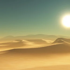 Paysage désertique doré avec dunes ondulantes et soleil éclatant