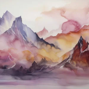 Papier peint montagnes aquarelle aux teintes pastel roses et violettes