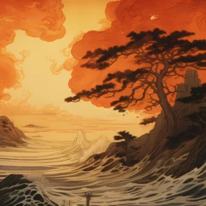 Papier Peint Japonais Vagues Dorées Coucher de Soleil