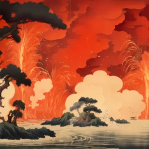 Paysage Volcanique Style Japonais avec Pagode et Cerisiers en Fleurs