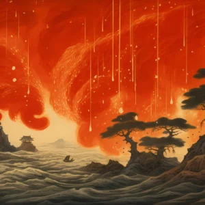 Papier peint panoramique tempête de feu dans paysage asiatique mystique