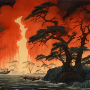 Paysage asiatique dramatique avec cerisiers et pagodes au coucher de soleil