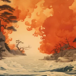 Paysage Japonais Tempête Océanique Coucher Soleil Orange Dramatique