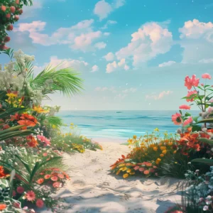 Papier Peint Paradis Tropical Plage Fleurie Vue Océan Turquoise