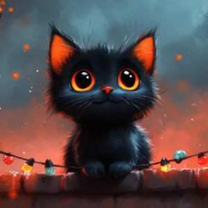 Papier peint chaton noir aux yeux orange guirlandes lumineuses