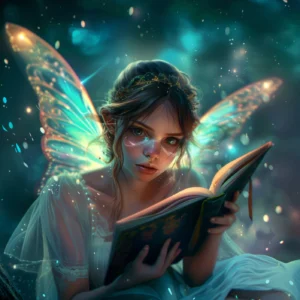 Papier Peint Fée Magique aux Ailes Lumineuses Lisant un Grimoire