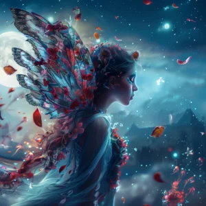 Papier peint fantastique femme ailée fleurs cosmiques nuit étoilée