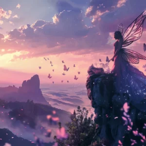 Papier Peint Féerique Coucher de Soleil Fée aux Papillons Roses