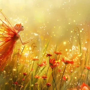 Papier peint féérique avec fée dorée dans jardin lumineux