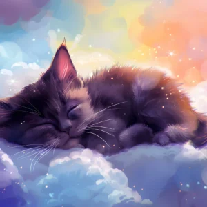 Chaton endormi sur nuages colorés arc-en-ciel magique