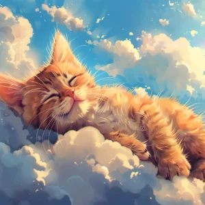 Chat orange paisible dormant parmi les nuages dorés célestes
