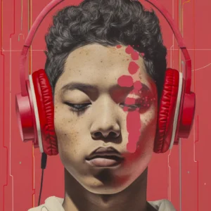 Papier peint artistique portrait femme casque rouge moderne contemporain