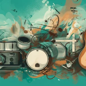 Papier peint musical créatif avec instruments sur fond turquoise artistique