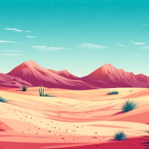 Paysage désertique stylisé avec cactus et montagnes colorées