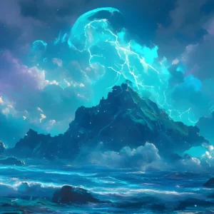 Paysage maritime fantastique avec éclairs turquoise et montagnes mystérieuses