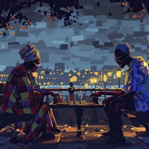 Papier Peint Urbain Deux Joueurs d'Échecs Sous Éclairage Nocturne Artistique