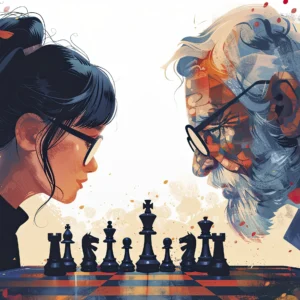 Papier peint artistique duel d'échecs entre générations passé présent