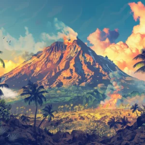 Papier peint tropical volcan coucher de soleil palmiers exotique