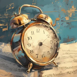 Papier Peint Réveil Vintage Doré sur Partitions Musicales Artistique