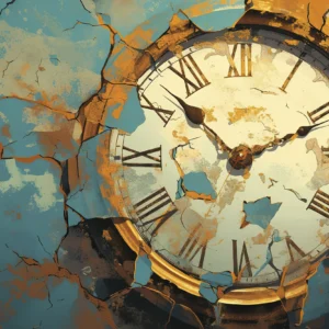 Papier peint artistique horloge vintage dorée sur fond fissuré bleu