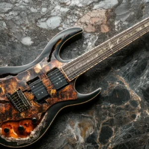 Guitare électrique vintage sur fond de marbre noir veiné