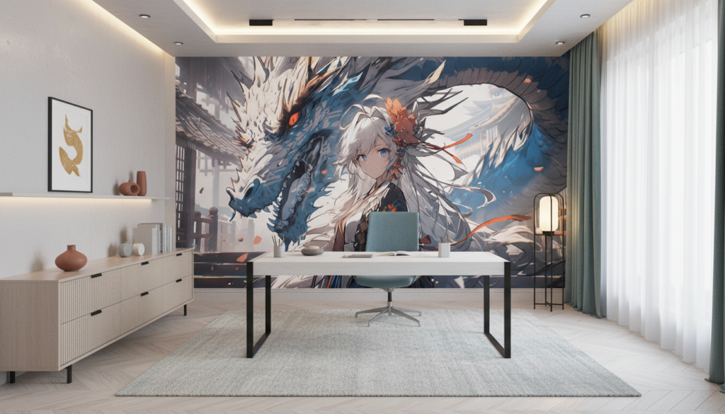 Dragon Asiatique et Jeune Femme aux Cheveux Blancs Style Anime - Bureau